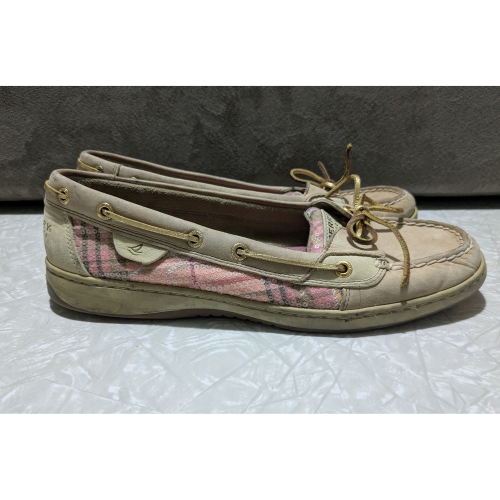 Sperry Top-Sider Womens Boat Shoes Tan Pink Plaid Sequin Loafers Size 11M